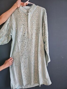 Abhinav Mishra- Men's Embroidered Powder Blue Mirror Kurta